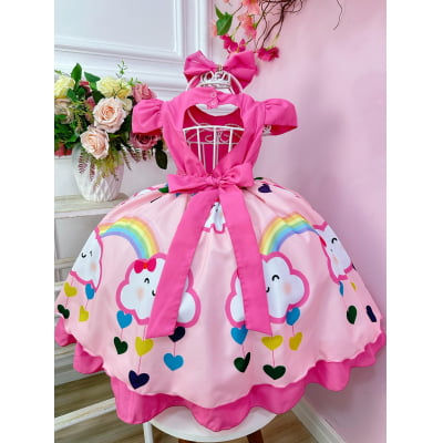 Vestido Infantil Chuva de Bênçãos Amor Pink Strass C/ Tiara