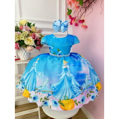 Vestido Infantil Cinderela Azul Cinto Pérolas Luxo Princesas