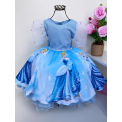 Vestido Infantil Cinderela Azul Mangas Luxo Festas Luxo