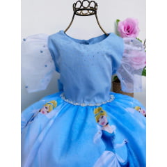 Vestido Infantil Cinderela Azul Mangas Luxo Festas Luxo
