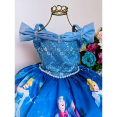 Vestido Infantil Cinderela Azul Renda Luxo Pérolas e Strass