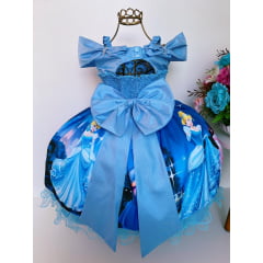 Vestido Infantil Cinderela Azul Renda Luxo Pérolas e Strass