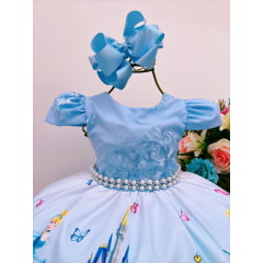 Vestido Infantil Cinderela Princesa Azul C/ Renda e Pérolas