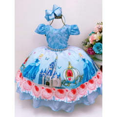 Vestido Infantil Cinderela Princesa Azul Renda e Pérolas