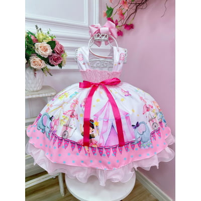 Vestido Infantil Circo Elefante e Bailarina Rosa Azul Luxo