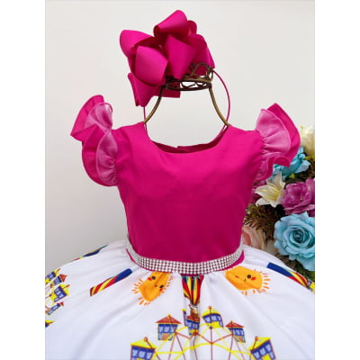 Vestido Infantil Circo Rosa Chiclete Carrossel Cinto Strass
