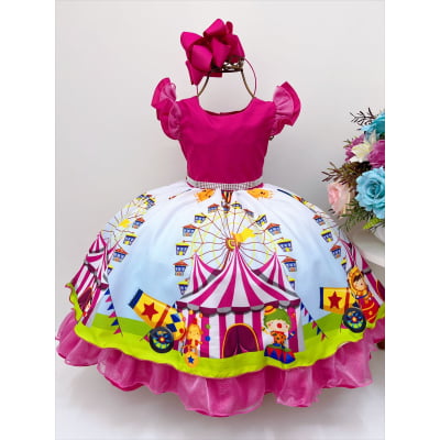 Vestido Infantil Circo Rosa Chiclete Carrossel Cinto Strass
