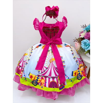 Vestido Infantil Circo Rosa Chiclete Carrossel Cinto Strass