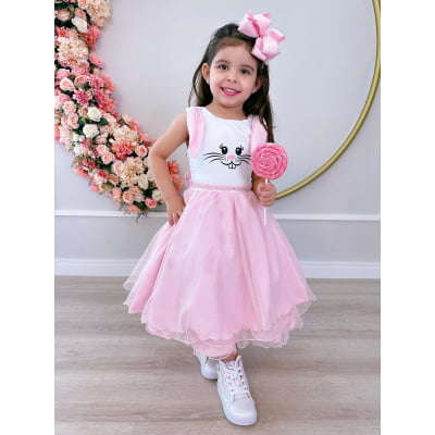 Vestido Infantil Coelho da Páscoa Saia C/ Glitter Luxo