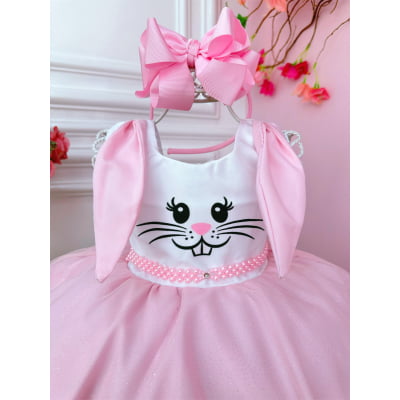Vestido Infantil Coelho da Páscoa Saia C/ Glitter Luxo
