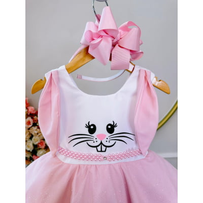 Vestido Infantil Coelho da Páscoa Saia C/ Glitter Luxo