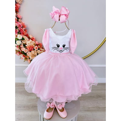 Vestido Infantil Coelho da Páscoa Saia C/ Glitter Luxo