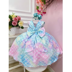 Vestido Infantil Colorido Escamas Sereia Ariel Luxo Festas