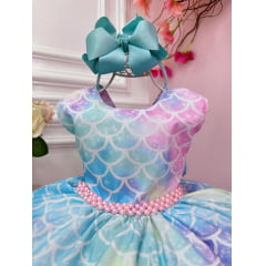 Vestido Infantil Colorido Escamas Sereia Ariel Luxo Festas