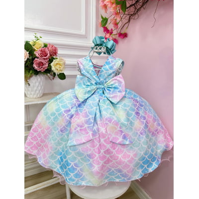 Vestido Infantil Colorido Escamas Sereia Ariel Luxo Festas
