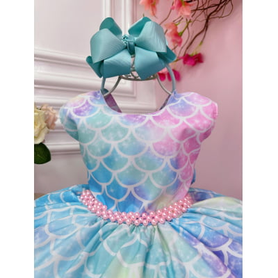 Vestido Infantil Colorido Escamas Sereia Ariel Luxo Festas
