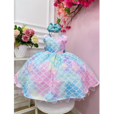 Vestido Infantil Colorido Escamas Sereia Ariel Luxo Festas