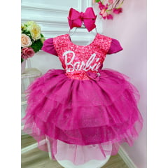 Vestido infantil da Barbie Pink C/ Aplique Laço Saia Glitter