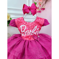 Vestido infantil da Barbie Pink C/ Aplique Laço Saia Glitter