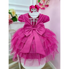 Vestido infantil da Barbie Pink C/ Aplique Laço Saia Glitter