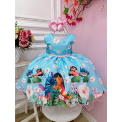 Vestido Infantil da Lilo e Stitch Azul Claro Florido Festas