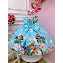 Vestido Infantil da Lilo e Stitch Azul Claro Florido Festas