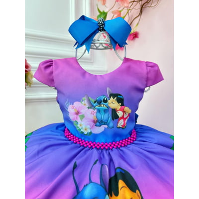 Vestido Infantil da Lilo e Stitch Colorido C/ Pérolas Festas