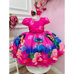 Vestido Infantil da Lilo e Stitch Rosa Chiclete C/ Laço Festas