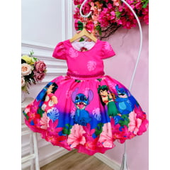 Vestido Infantil da Lilo e Stitch Rosa Chiclete C/ Laço Festas