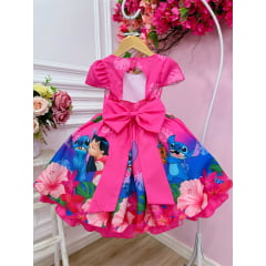 Vestido Infantil da Lilo e Stitch Rosa Chiclete C/ Laço Festas