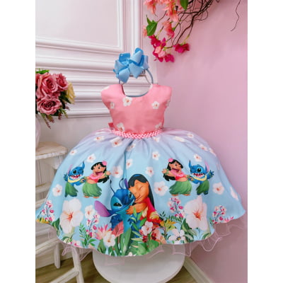 Vestido Infantil da Lilo e Stitch Rosa Florido Festas Luxo