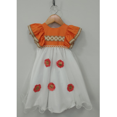 Vestido Infantil da Moana Laranja C/ Apliques de Flores Festa