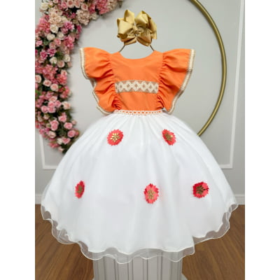 Vestido Infantil da Moana Laranja C/ Apliques de Flores Festa