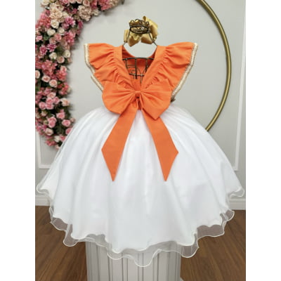 Vestido Infantil da Moana Laranja C/ Apliques de Flores Festa