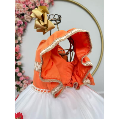 Vestido Infantil da Moana Laranja C/ Apliques de Flores Festa