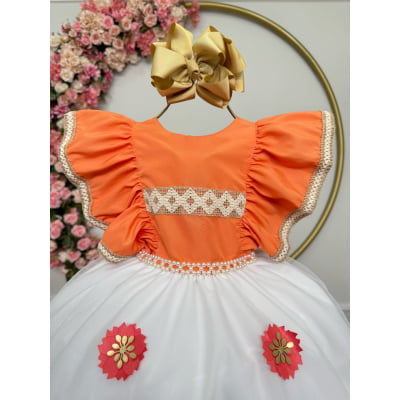 Vestido Infantil da Moana Laranja C/ Apliques de Flores Festa