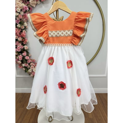 Vestido Infantil da Moana Laranja C/ Apliques de Flores Festa