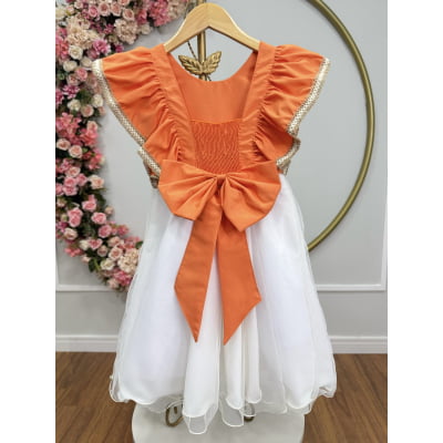 Vestido Infantil da Moana Laranja C/ Apliques de Flores Festa