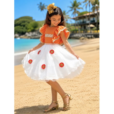 Vestido Infantil da Moana Laranja C/ Apliques de Flores Festa