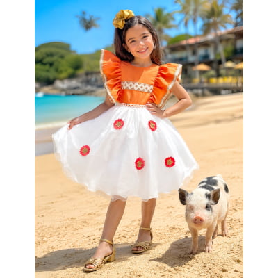 Vestido Infantil da Moana Laranja C/ Apliques de Flores Festa