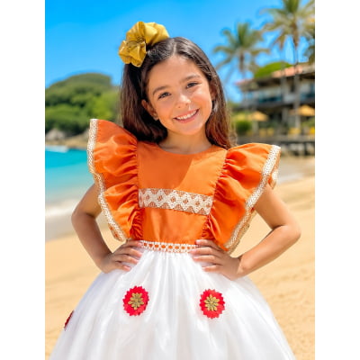 Vestido Infantil da Moana Laranja C/ Apliques de Flores Festa