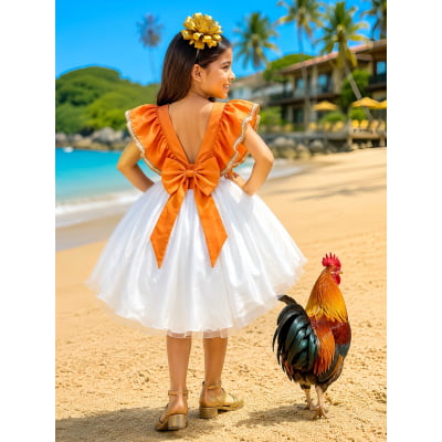 Vestido Infantil da Moana Laranja C/ Apliques de Flores Festa