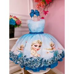 Vestido Infantil Frozen Elsa Azul C/ Strass no Peito