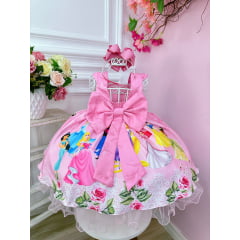 Vestido Infantil das Princesas Busto C/ Strass Luxo Rosa