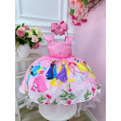 Vestido Infantil das Princesas Busto C/ Strass Luxo Rosa