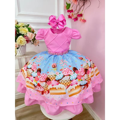 Vestido Infantil Doces Confeitaria Rosa Chiclete Festas