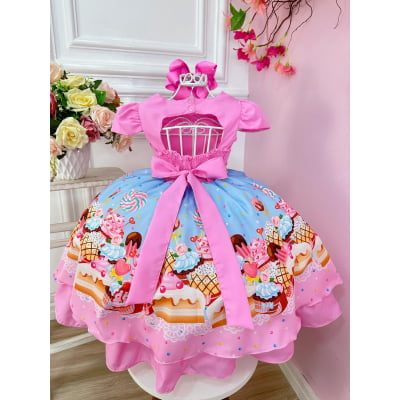 Vestido Infantil Doces Confeitaria Rosa Chiclete Festas