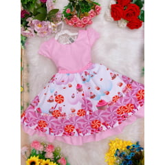 Vestido Infantil Doces e Confeitaria Rosa Cinto Pérolas