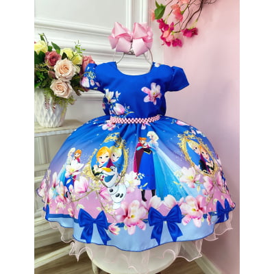 Vestido Infantil Elsa e Frozen Princesas Azul Luxo Festas