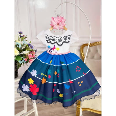 Vestido Infantil Encanto Jardim Azul C/ Cinto Pérolas